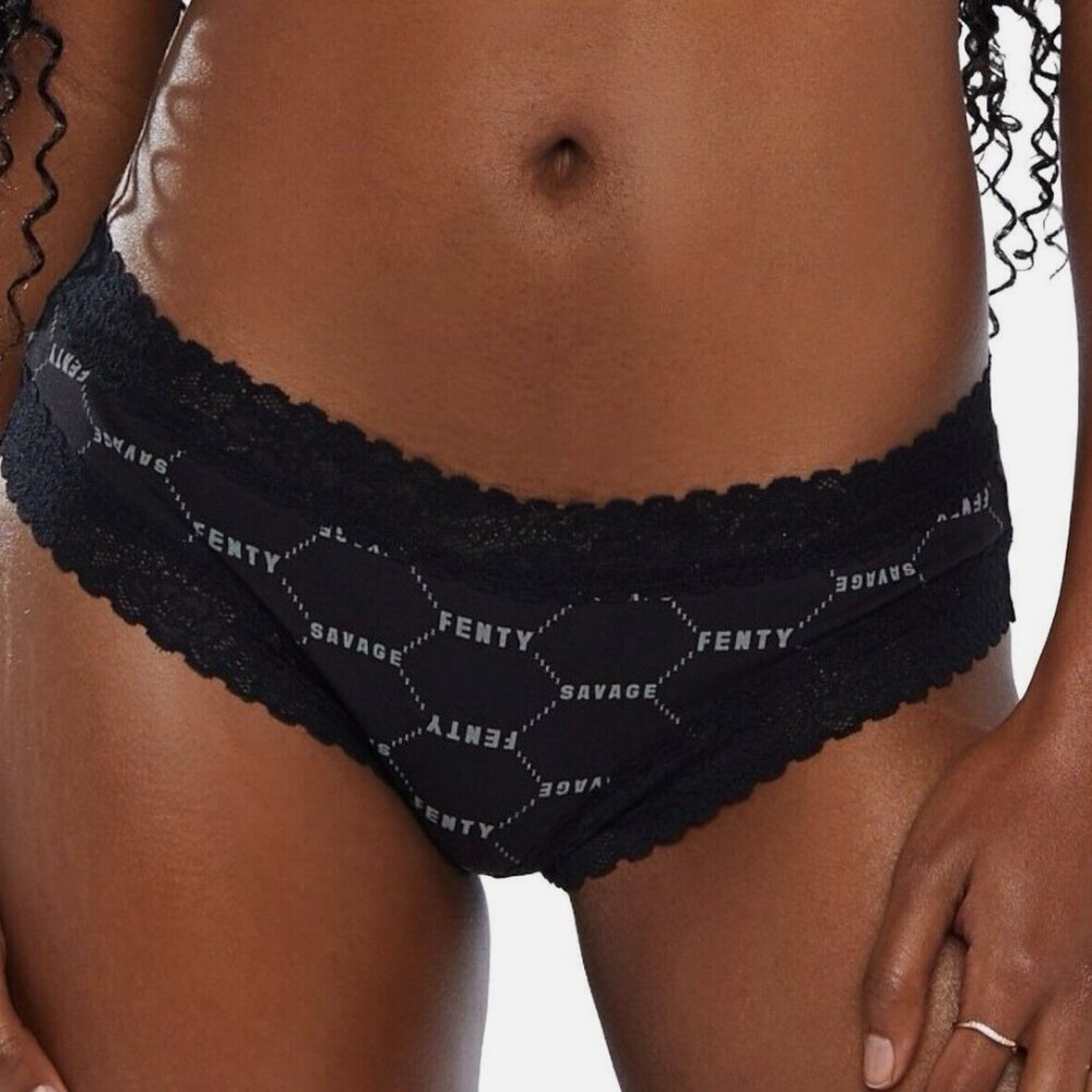 Savage x Fenty Cotton Essentials Black Caviar Logo Print Lace Trim Panty